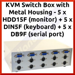 KVM Switch Box with Metal Housing - 5 x HDD15F (monitor) + 5 x DIN5F (keyboard) + 5 x DB9F (serial port) - In Perfect Condition - Refurbished